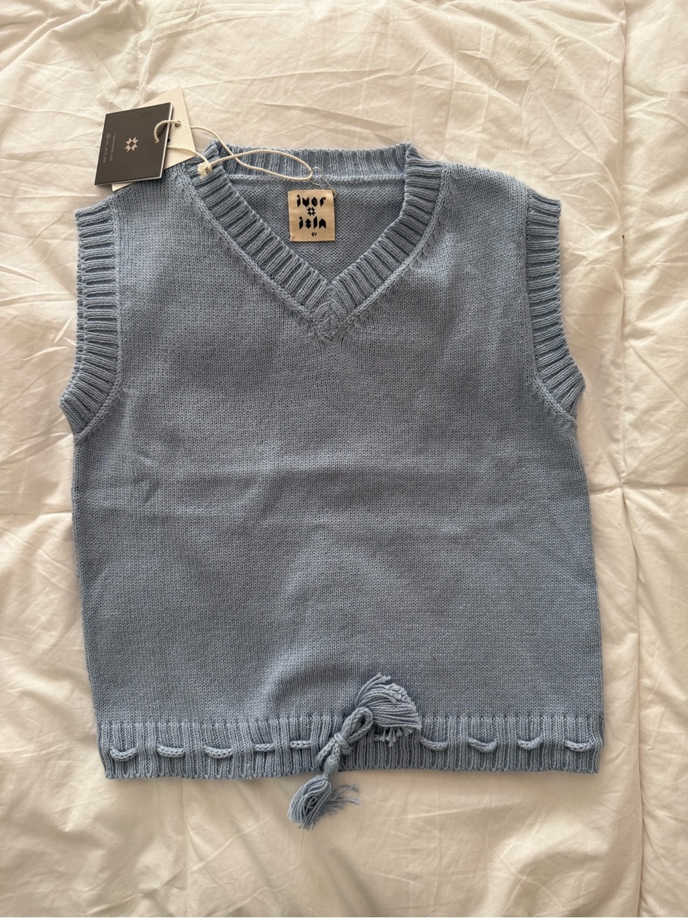 Kids Light Blue Knit V-Neck Vest with Tassel Accent